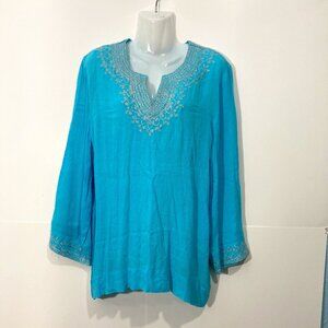 NWT 525 America Boho Long Sleeve Lagenlook Tunic Top Harbor Blue Embroidered L
